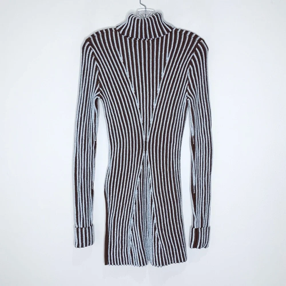 Hanifa Cici Knit Mini Dress (Sz S) Ribbed Long Sleeve Turtleneck Brown Silver - Picture 12 of 16